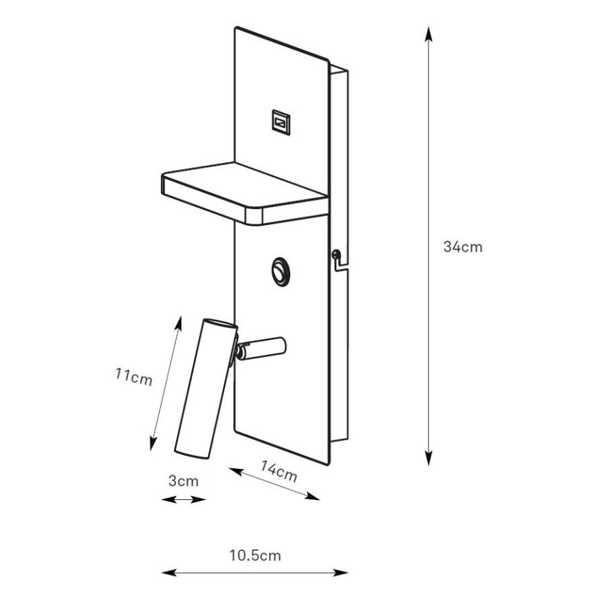 Markslöjd 109018 - LED väggspot med hylla och USB-port CARICA LED/4W/230V svart