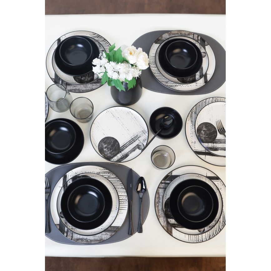 Matservis 24 delar, vit/svart, stengods