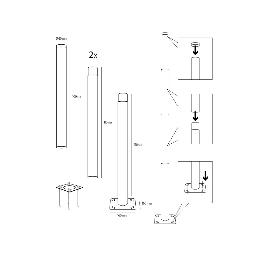 Metallstång till utomhusbelysningsstolpe BASE 4 m, Ø 60 mm, svart