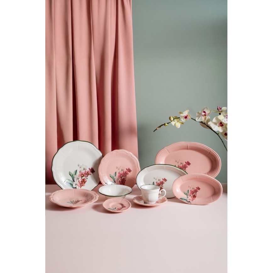 Middagservis 27 delar rosa/vit/porslin