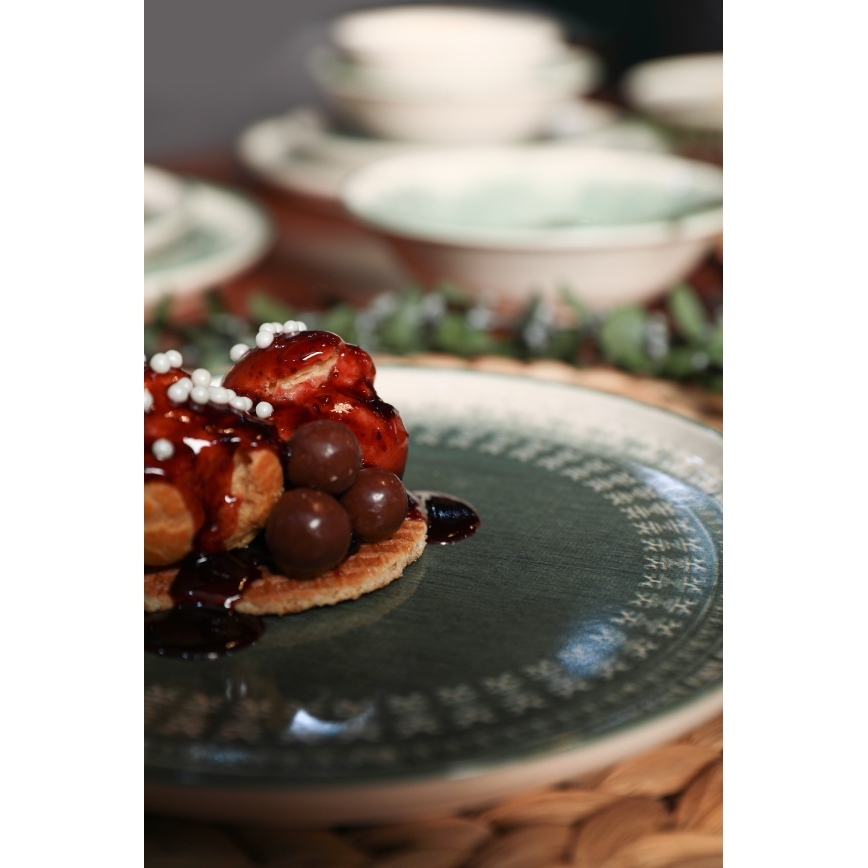 Middagsservis 24 delar beige/grön i stengods