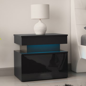 Nattduksbord med LED-belysning GLOSSA 51x55 cm svart/högblank