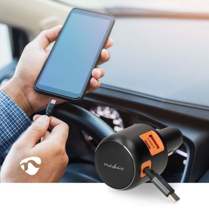Billaddare för bilen med indragbar kabel och Power Delivery 30 W för snabbladdning – 2xUSB-C + 1xUSB-A