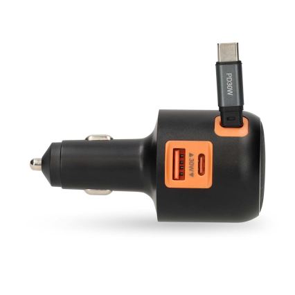 Billaddare för bilen med indragbar kabel och Power Delivery 30 W för snabbladdning – 2xUSB-C + 1xUSB-A