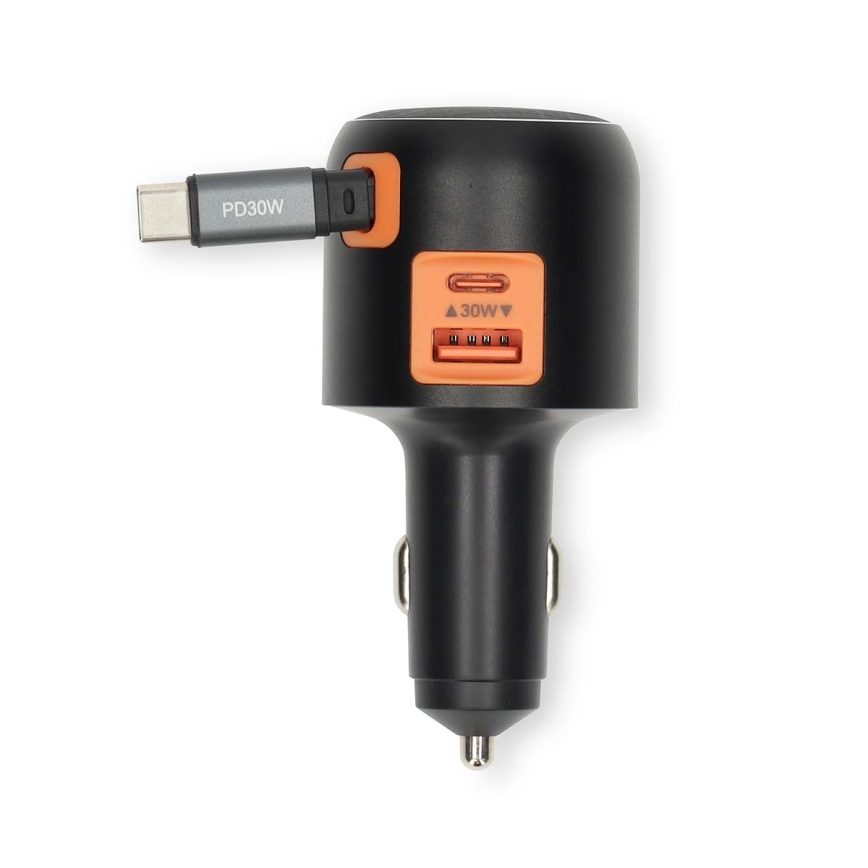Billaddare för bilen med indragbar kabel och Power Delivery 30 W för snabbladdning – 2xUSB-C + 1xUSB-A