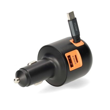Billaddare för bilen med indragbar kabel och Power Delivery 30 W för snabbladdning – 2xUSB-C + 1xUSB-A