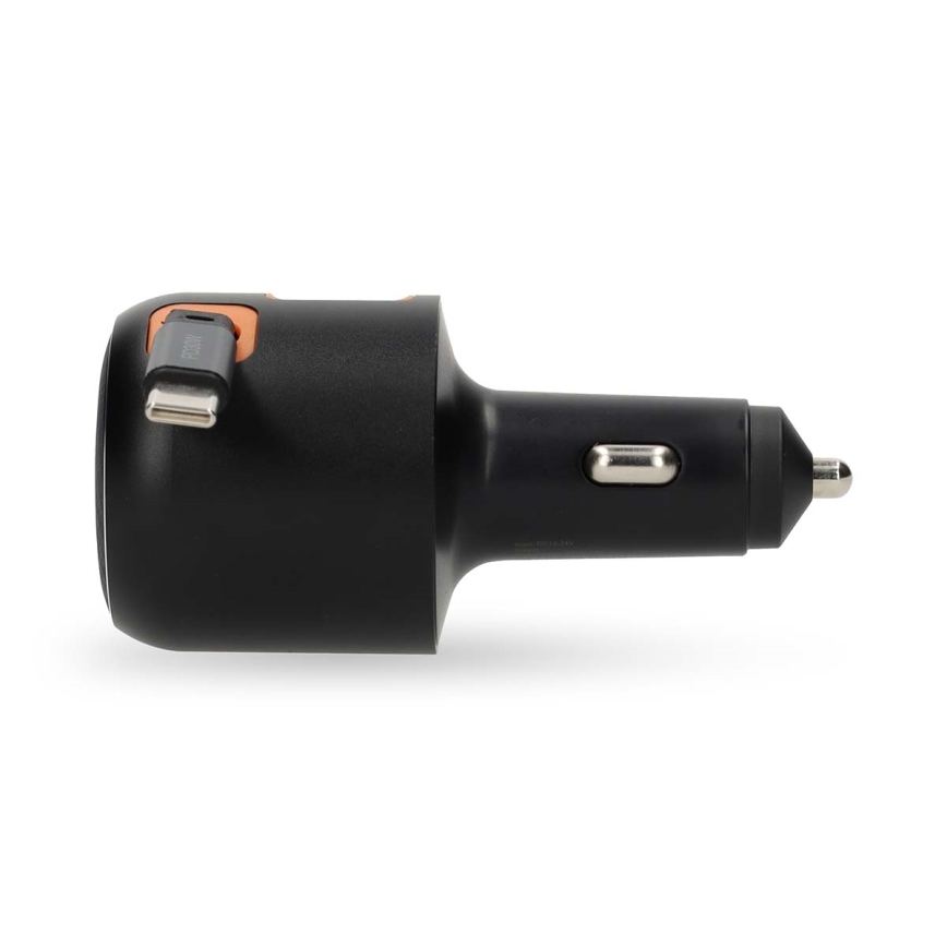 Billaddare för bilen med indragbar kabel och Power Delivery 30 W för snabbladdning – 2xUSB-C + 1xUSB-A