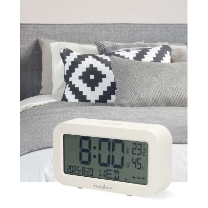 Digital väckarklocka med termometer och hygrometer, 2xAA, vit