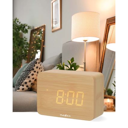 Digital väckarklocka med LED-display och inbyggd termometer 5V/3xAAA i trä
