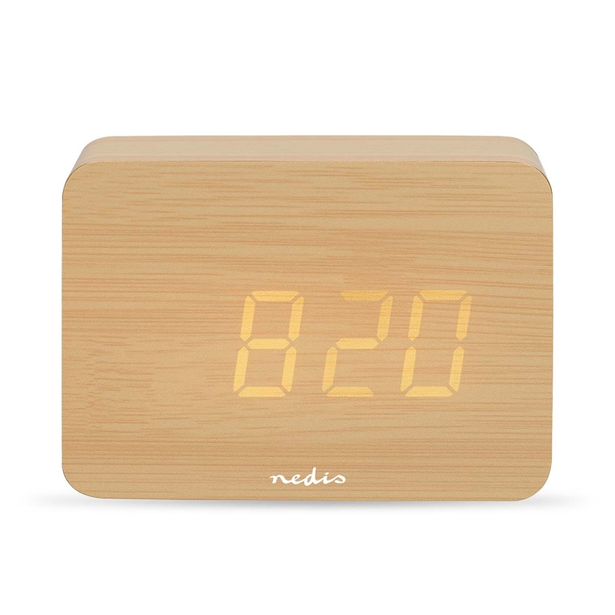 Digital väckarklocka med LED-display och inbyggd termometer 5V/3xAAA i trä