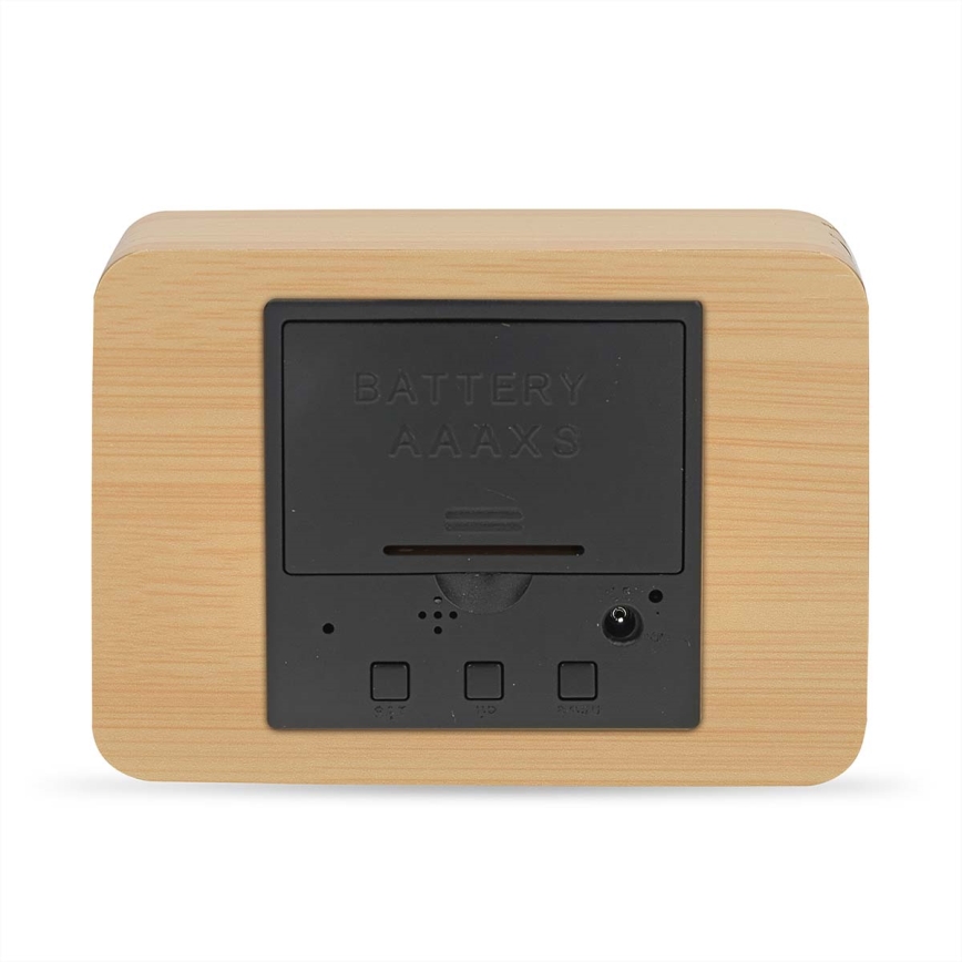 Digital väckarklocka med LED-display och inbyggd termometer 5V/3xAAA i trä