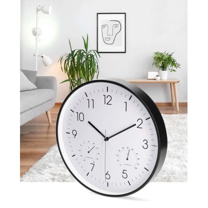 Väggklocka med termometer och hygrometer, Ø 30,5 cm, 1 x AA, svart
