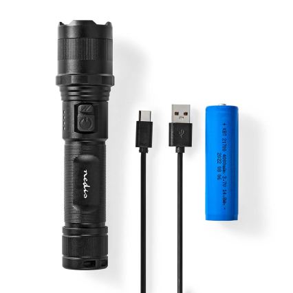 Dimmbar, uppladdningsbar LED-ficklampa i aluminium – 10 W / 5 V, 2200 mAh, IPX4, svart