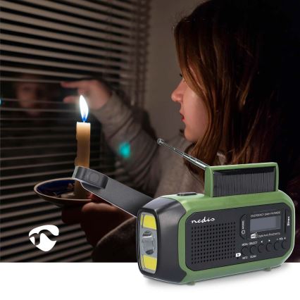 DAB+/FM-vevradio med solcellspanel och LED-ficklampa 5V/2500 mAh grön/svart