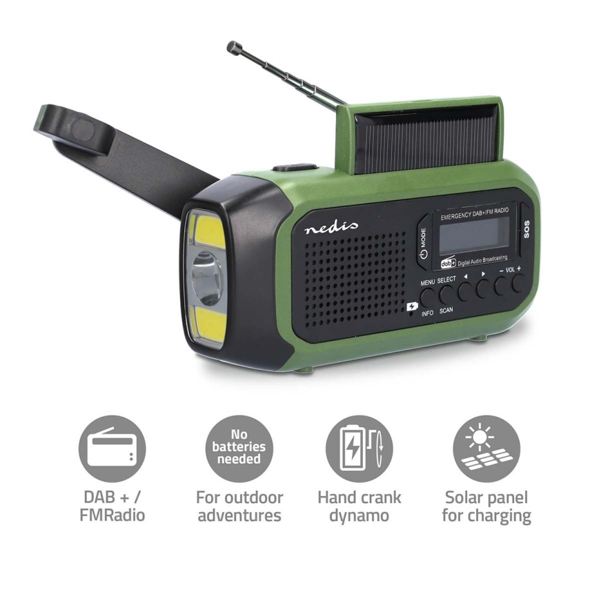 DAB+/FM-vevradio med solcellspanel och LED-ficklampa 5V/2500 mAh grön/svart