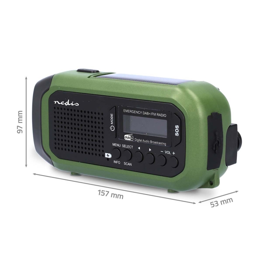 DAB+/FM-vevradio med solcellspanel och LED-ficklampa 5V/2500 mAh grön/svart