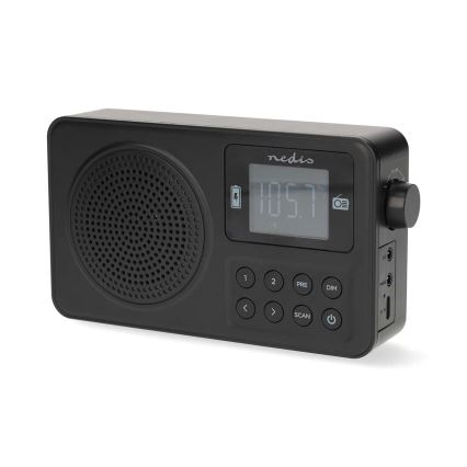 FM-radio med 2 W uteffekt, 5 V driftspänning och 1900 mAh batterikapacitet