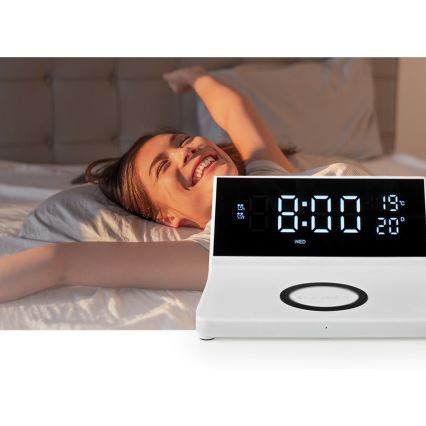 Väckarklocka med LCD-display och trådlös laddare 15W/5V + 1xCR2032 vit