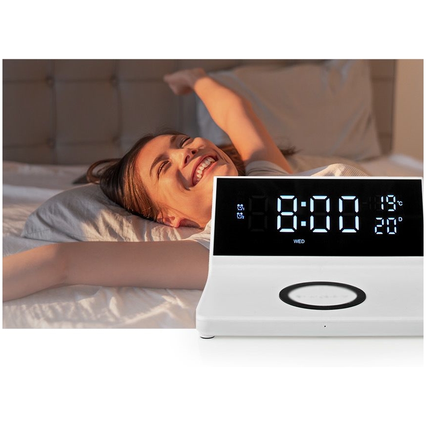 Väckarklocka med LCD-display och trådlös laddare 15W/5V + 1xCR2032 vit