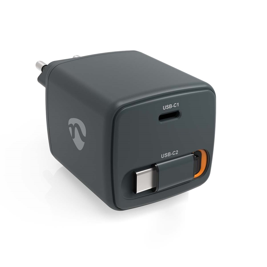 Laddare med indragbar kabel, Power Delivery 30W, 2x USB-C, svart