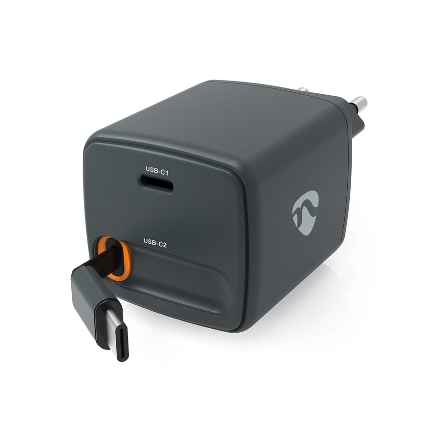 Laddare med indragbar kabel, Power Delivery 30W, 2x USB-C, svart