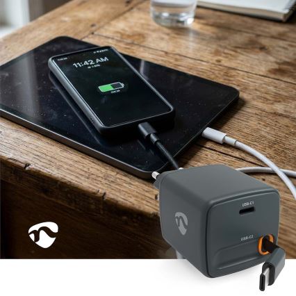 Laddare med upprullningsbar kabel, 65 W Power Delivery och 2 USB-C-portar, svart