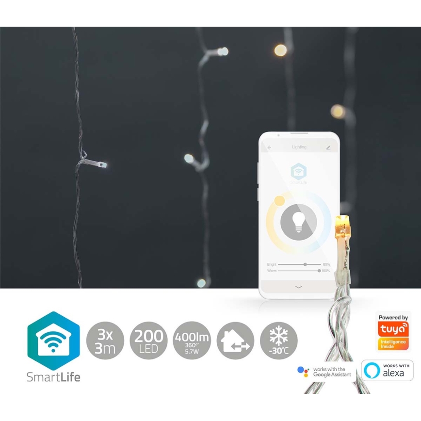 LED-julgardin 200 LED / 11 funktioner, 6 m, IP65, Wi‑Fi Tuya, varmvit till kallvit