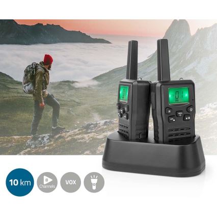 KIT 2x Uppladdningsbar walkie-talkie med LED belysning 1300 mAh räckvidd 10 km