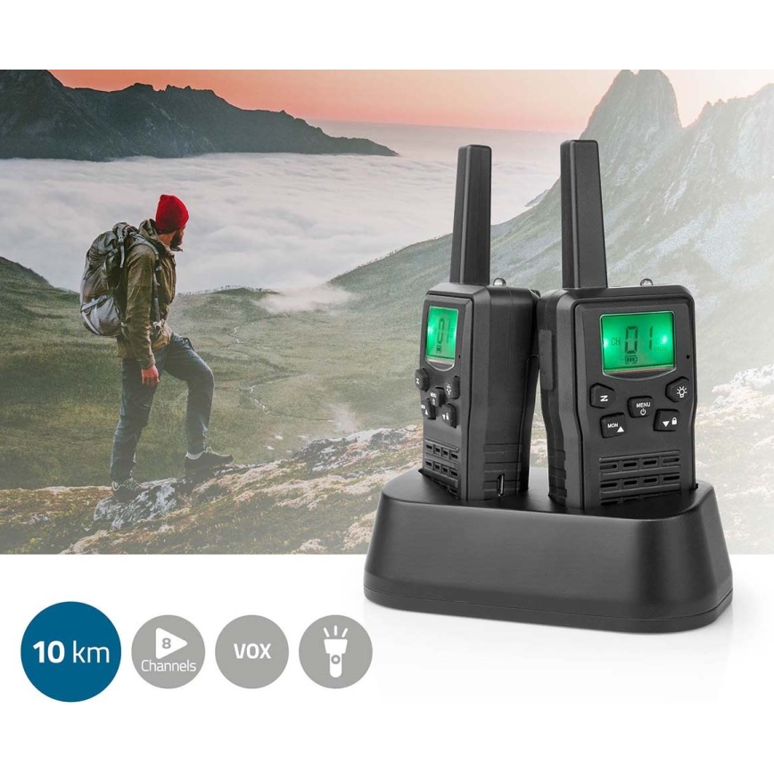KIT 2x Uppladdningsbar walkie-talkie med LED belysning 1300 mAh räckvidd 10 km