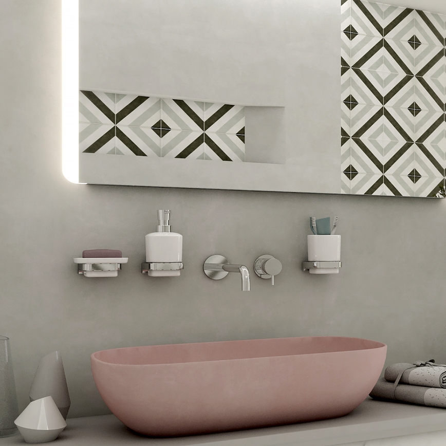 NIMCO MA kit-31K-26 - Väggmonterad tvålautomat, tandborsthållare och väggkrok MAYA 320 mm vit/skinande krom