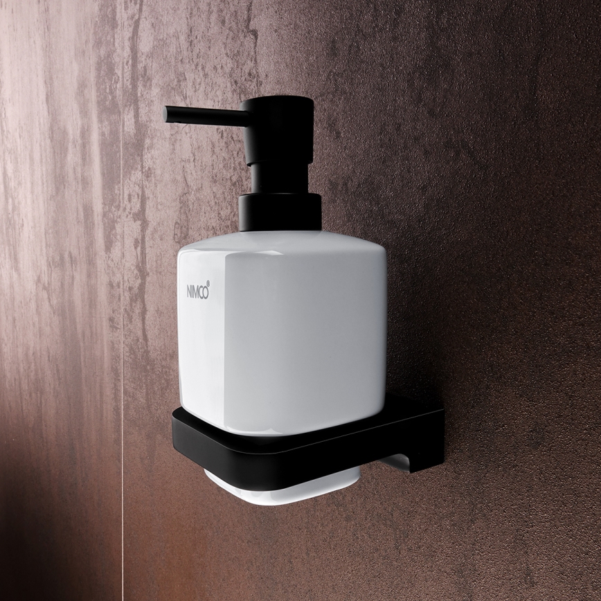 NIMCO MAC kit-31K-T-90 - Väggmonterad tvålautomat, tandborsthållare och väggkrok MAYA 320 mm vit/matt svart
