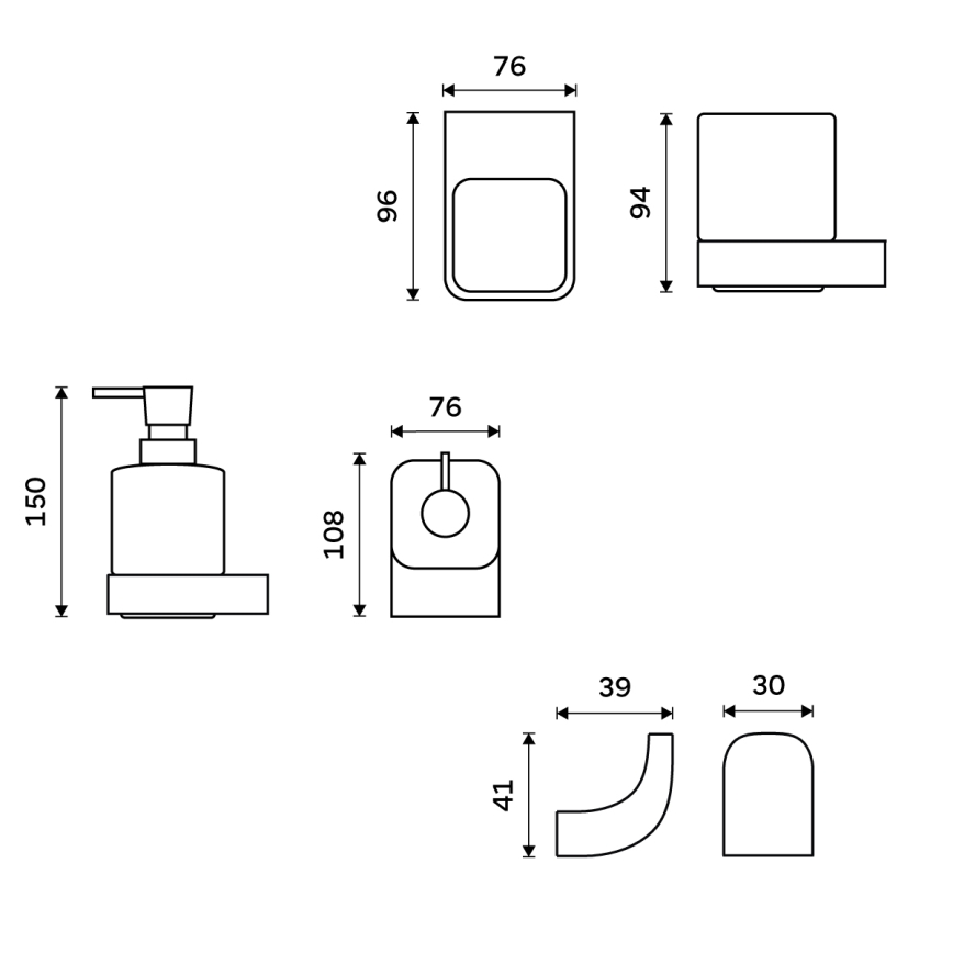 NIMCO NKC kit-31K-T-90 - Väggmonterad tvålautomat, tandborsthållare och väggkrok NIKAU 320 mm vit/matt svart