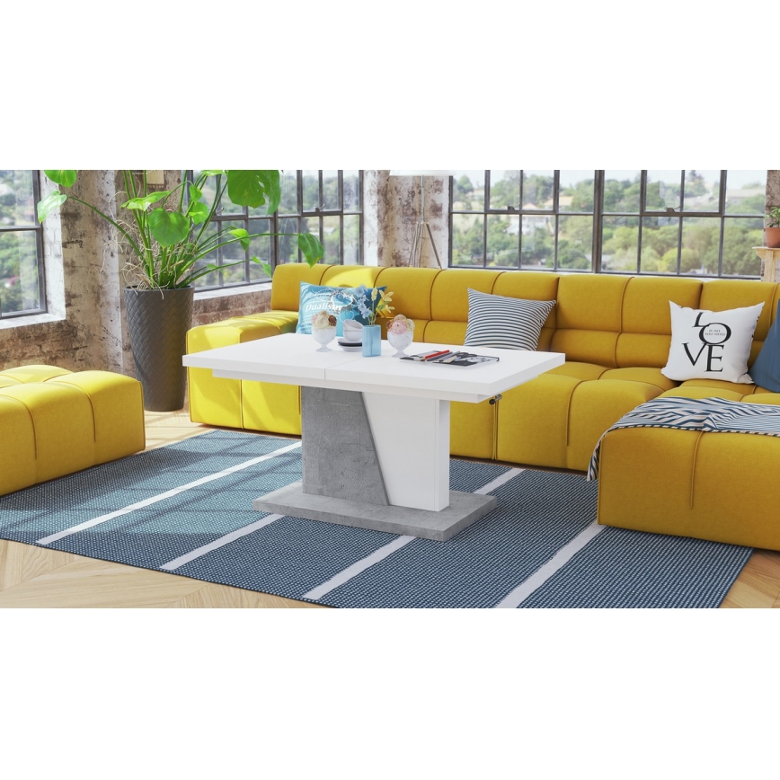 Utdragbart soffbord/matbord med lyftbar skiva NINO vit/grå betong