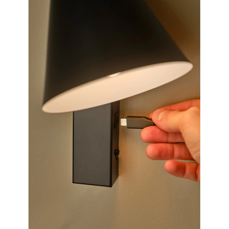 Nordlux - Vägglampa med USB WILMER 1xE14/40W/230V svart