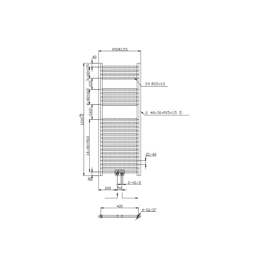 Novaservis - Handdukstork (stegaradiator) 318 W/230 V 120x45 cm blank krom rak