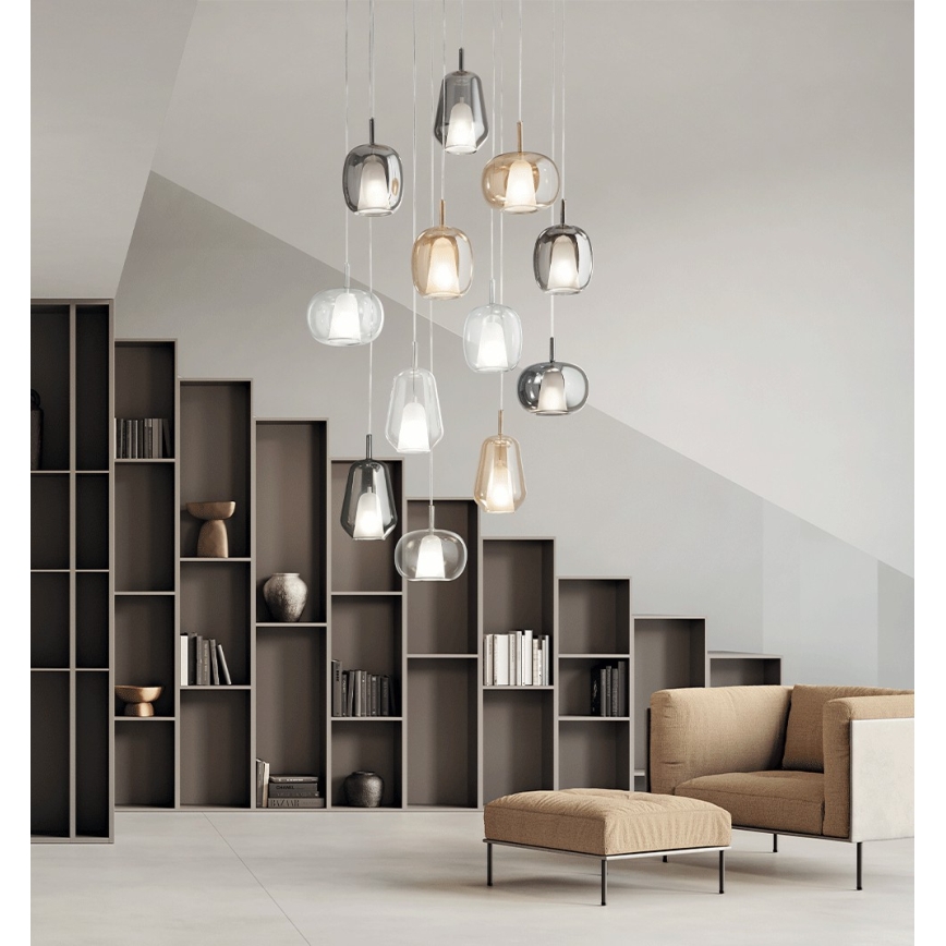 Ondaluce - Pendellampa THELMA på kabel 1xE27/15W/230V Ø 19 cm guld/klarglas