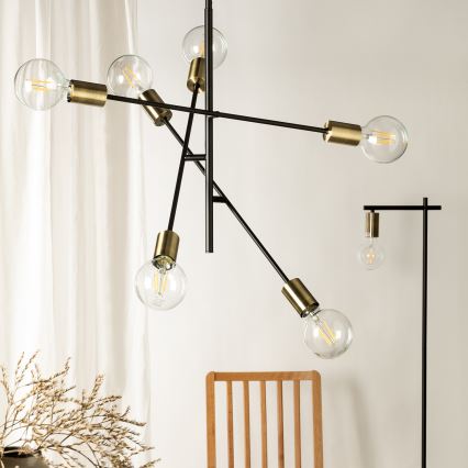 ONLI - Ljuskrona med textilsladd CROSS 6xE27/22W/230V svart/mässing