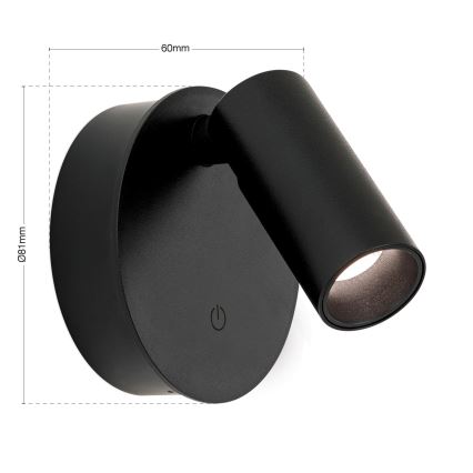 Dimbart uppladdningsbart beröringsstyrt väggspot LUXY LED/1W/5V 2200 mAh 2700/3000/4000K svart