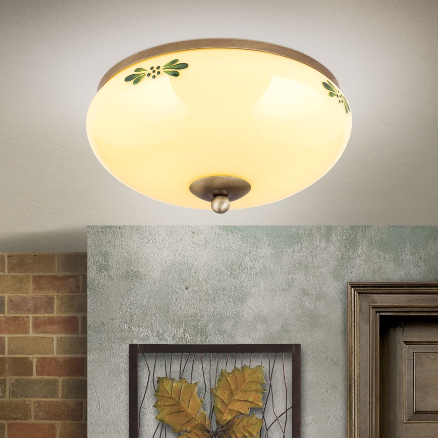Taklampa LANDHAUS 2xE27/60W/230V Ø 28 cm brons/beige/grön