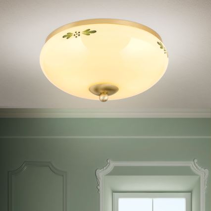 Taklampa LANDHAUS 2xE27/60W/230V Ø 28 cm mässing/beige/grön