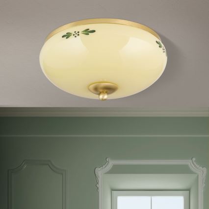Taklampa LANDHAUS 2xE27/60W/230V Ø 28 cm mässing/beige/grön