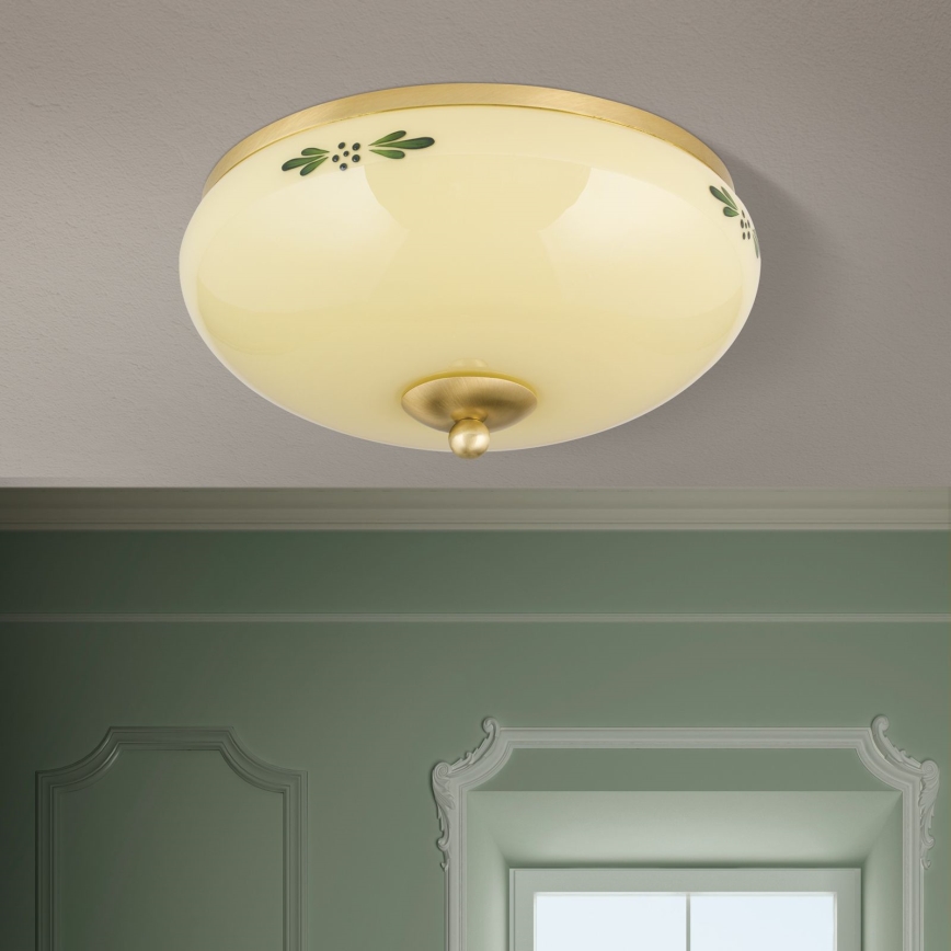 Taklampa LANDHAUS 2xE27/60W/230V Ø 28 cm mässing/beige/grön