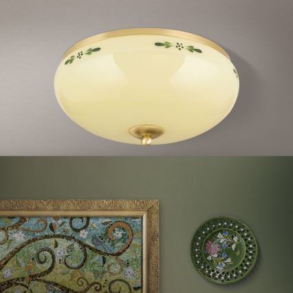 Taklampa LANDHAUS 3xE27/60W/230V Ø 35 cm mässing/beige/grön