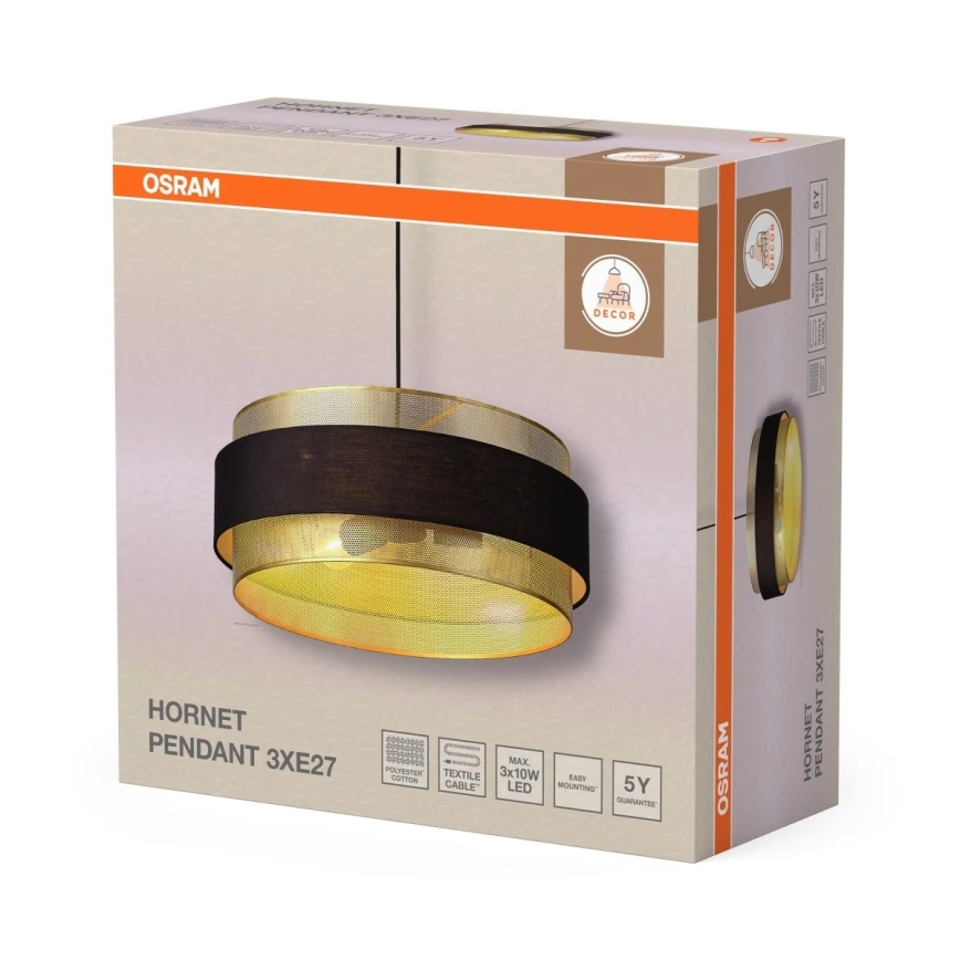 Osram - DECOR HORNET pendel med kabel 3x E27/10 W/230 V Ø 50 cm svart/guld