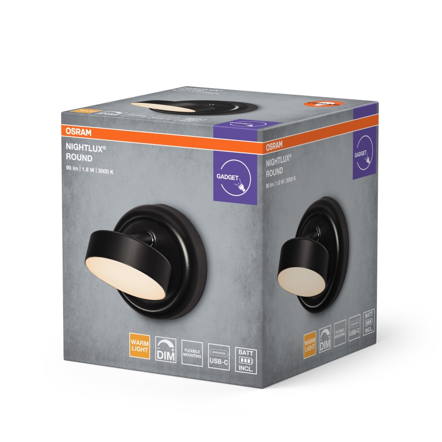 Osram - NIGHTLUX dimbar, uppladdningsbar, beröringsstyrd LED-vägglampa LED/1,8W/5V svart