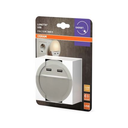 Osram - LED-nattlampa för vägguttag med sensor LUNETTA 2xUSB LED/13W/230V