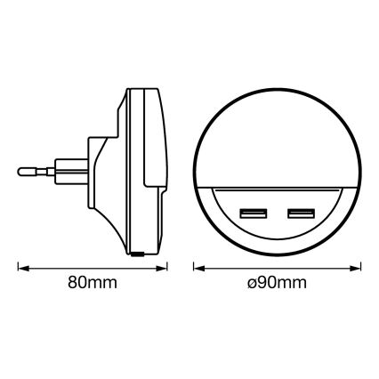 Osram - LED-nattlampa för vägguttag med sensor LUNETTA 2xUSB LED/13W/230V