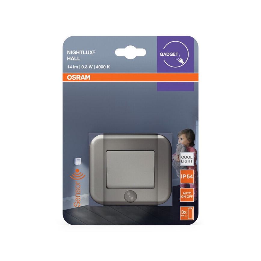 Osram - LED-orienteringsarmatur med sensor NIGHTLUX LED/0,3W/3xAAA IP54 silver
