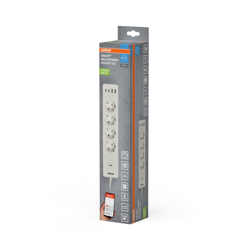 Osram - SMART+ förlängningskabel 4 uttag typ F + 2xUSB-A + 2xUSB-C Wi-Fi