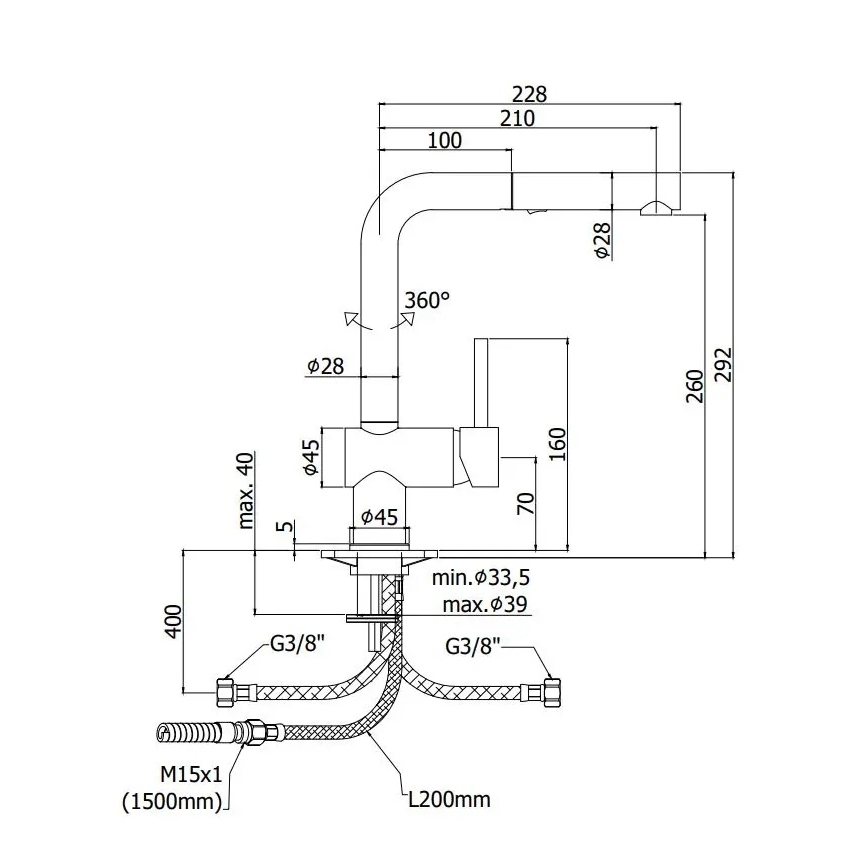 Paffoni - LIGHT köksblandare med utdragbar handdusch, 29,2 cm, svart